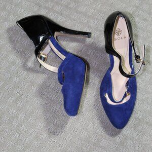 Isola Black Women's Sz 9.5M Patent & Royal Blue Suede 4.75" Heels